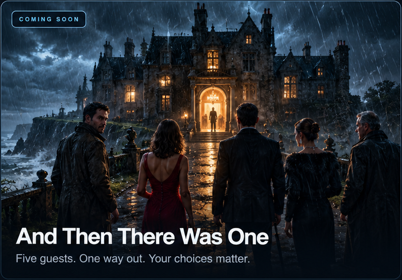 Coming soon. And Then There Was One. Five guests. One way out. Your choices matter.